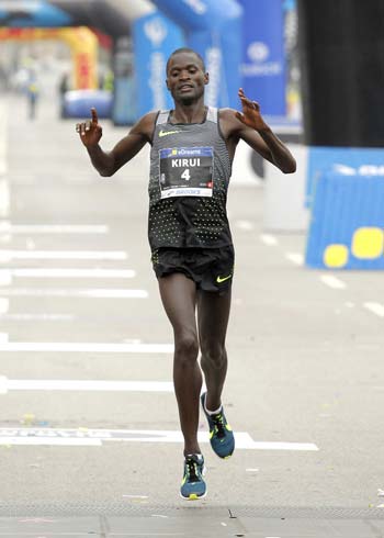 Kenyan athlete Abel Kirui finishing during Barcelona Half Marathon in Barcelona on February 12, 2017